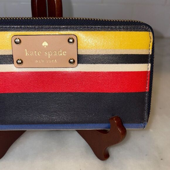 Kate Spade Wallet Leather Multicolor Striped Canvas Full Zip Continental Wallet - Picture 3 of 16